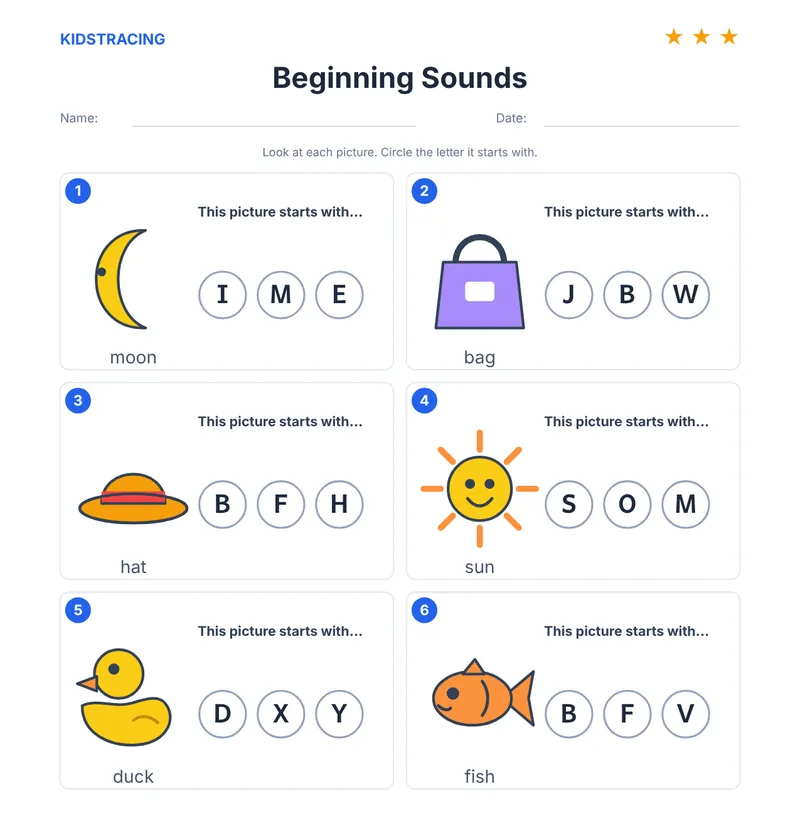 Beginning sounds worksheet with six pictures, moon, dog, banana, hat, frog and spider, and three letters to circle under each one