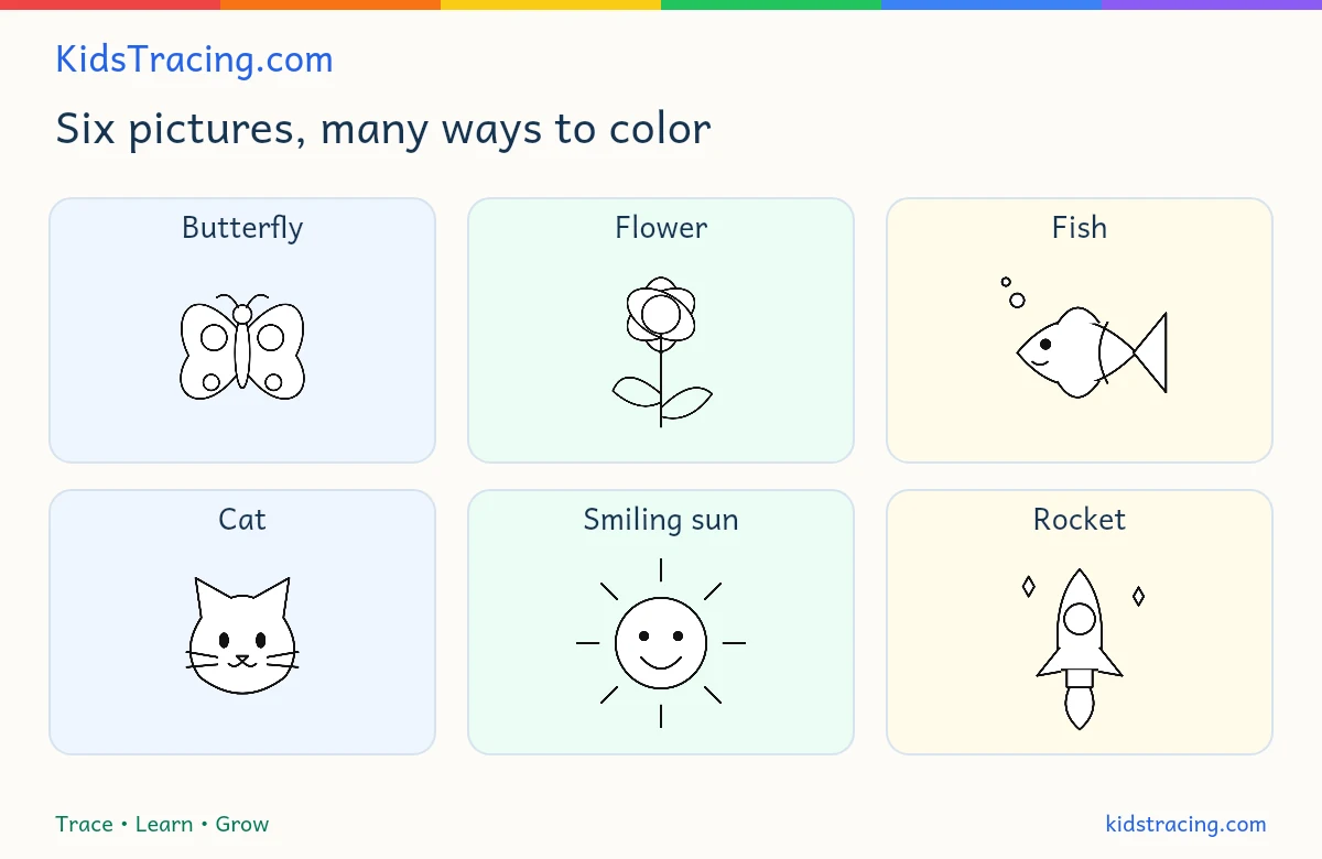 Six outline coloring pictures from KidsTracing: butterfly, flower, fish, cat, smiling sun and rocket