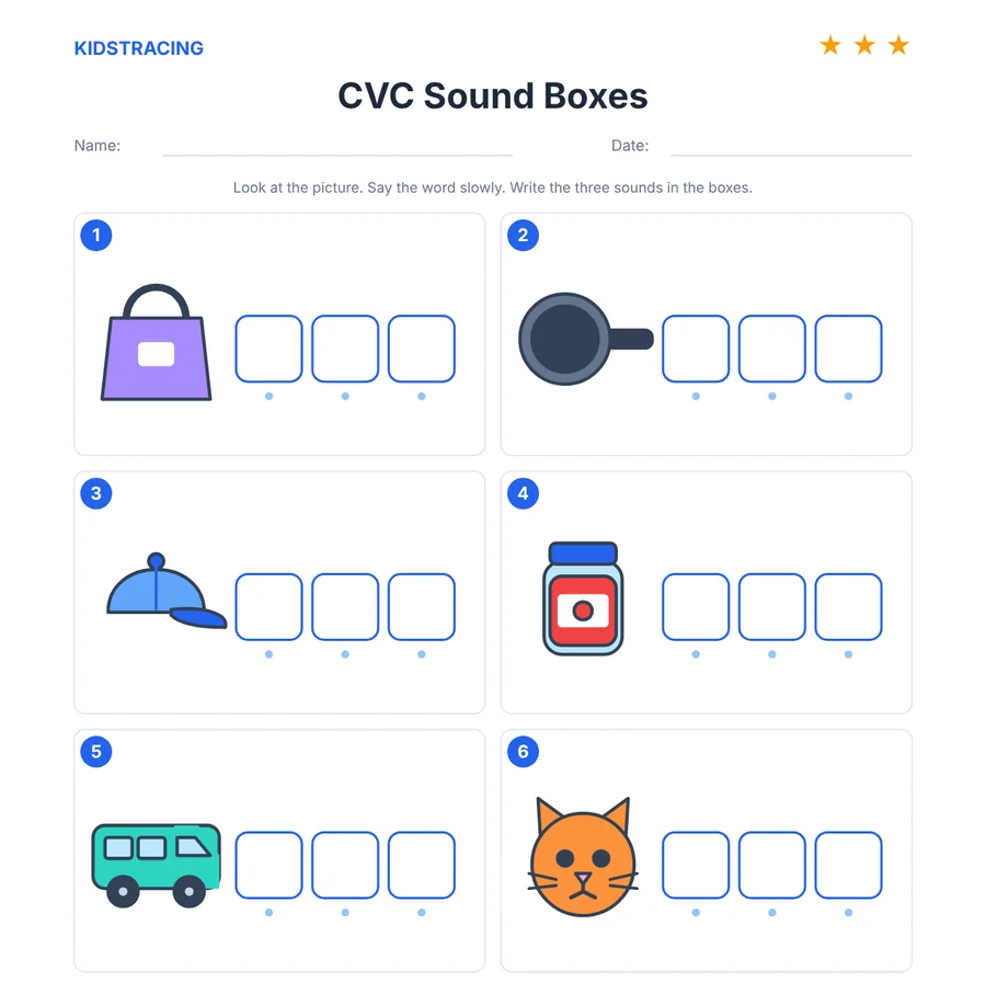 CVC sound boxes worksheet with pictures and three boxes for the three sounds in each short a word