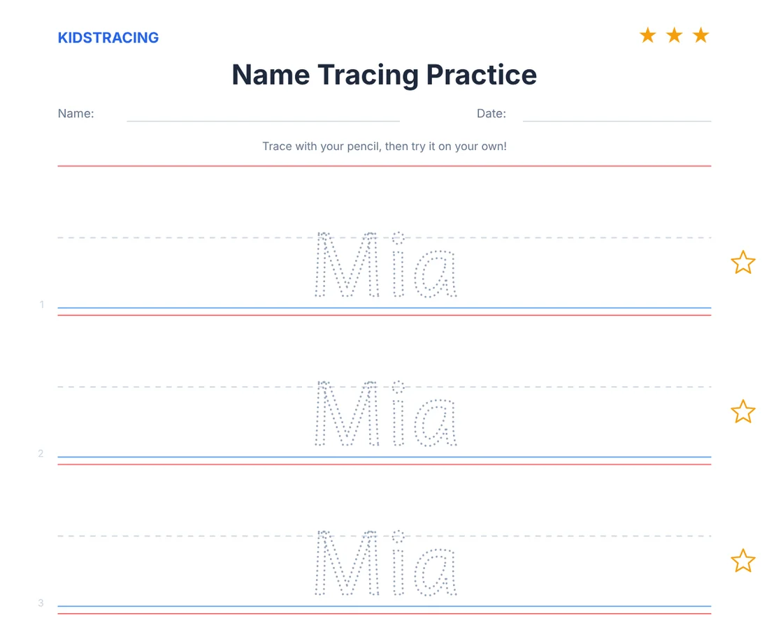 Dotted name tracing worksheet for a 3-year-old with the name Mia on three-line writing guides