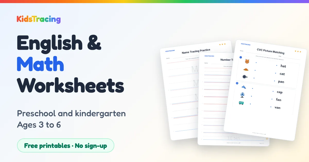 English and math worksheets for preschool and KG: name tracing, number tracing and CVC picture matching sheets