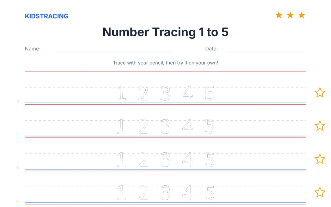 Math worksheet for preschool with the numbers 1 to 5 in dotted tracing on three-line guides