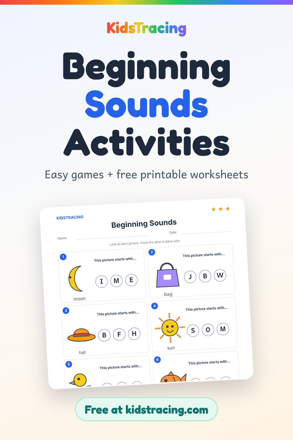 Pinterest pin: beginning sounds activities with easy games and free printable worksheets