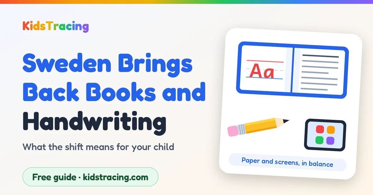 An open book with the letters Aa on a guide line, a pencil and a tablet: Sweden brings back books and handwriting