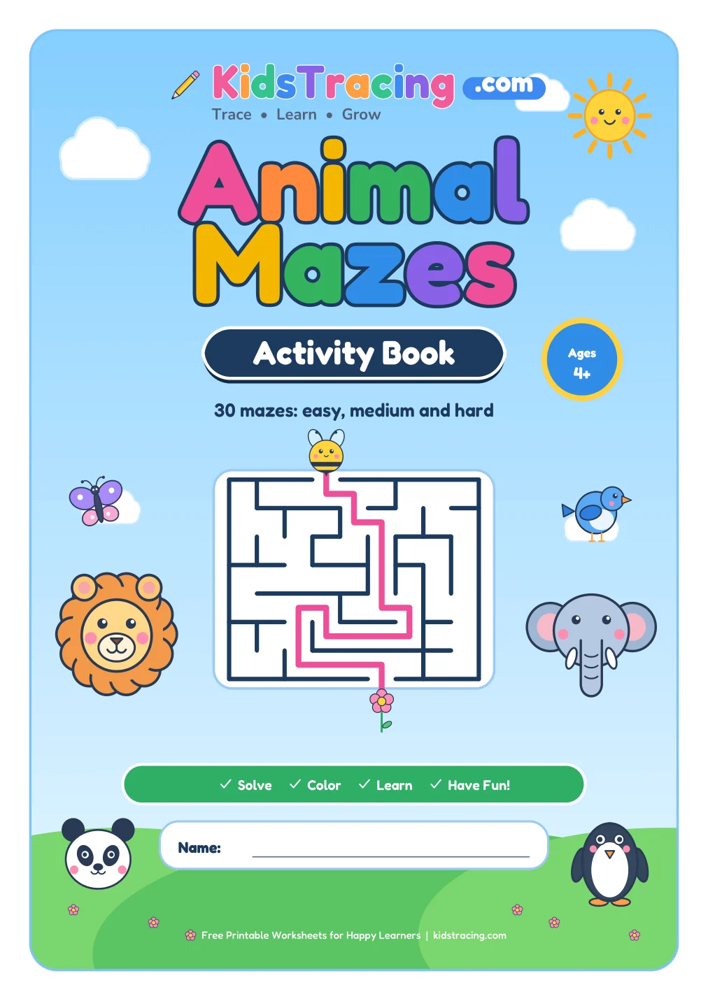 Cover of the Animal Mazes Activity Book, a free printable maze book for ages 4–8 with a maze, a bee and a flower