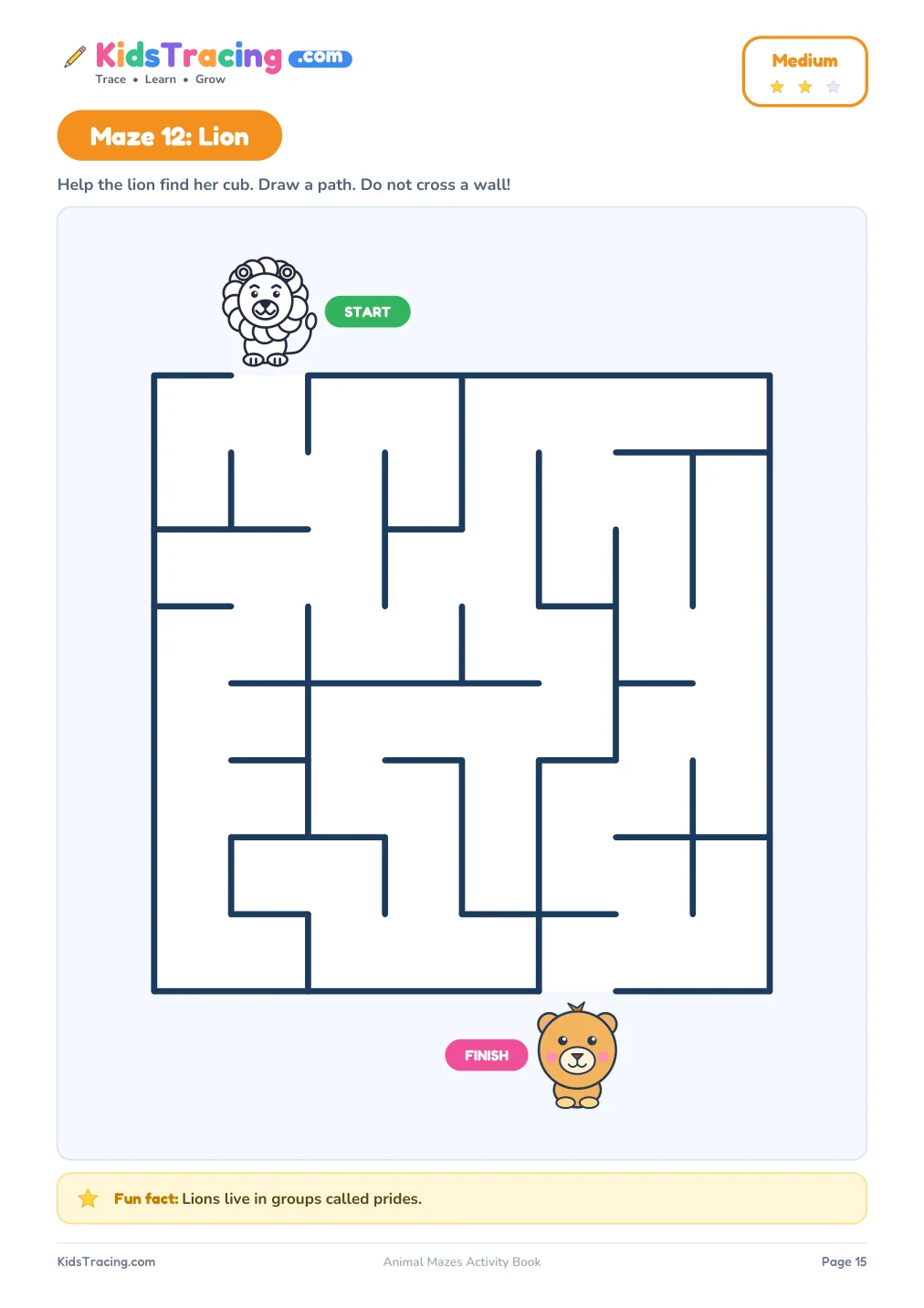 Medium maze 12: a lion at the start and her cub at the finish of an eight by eight maze