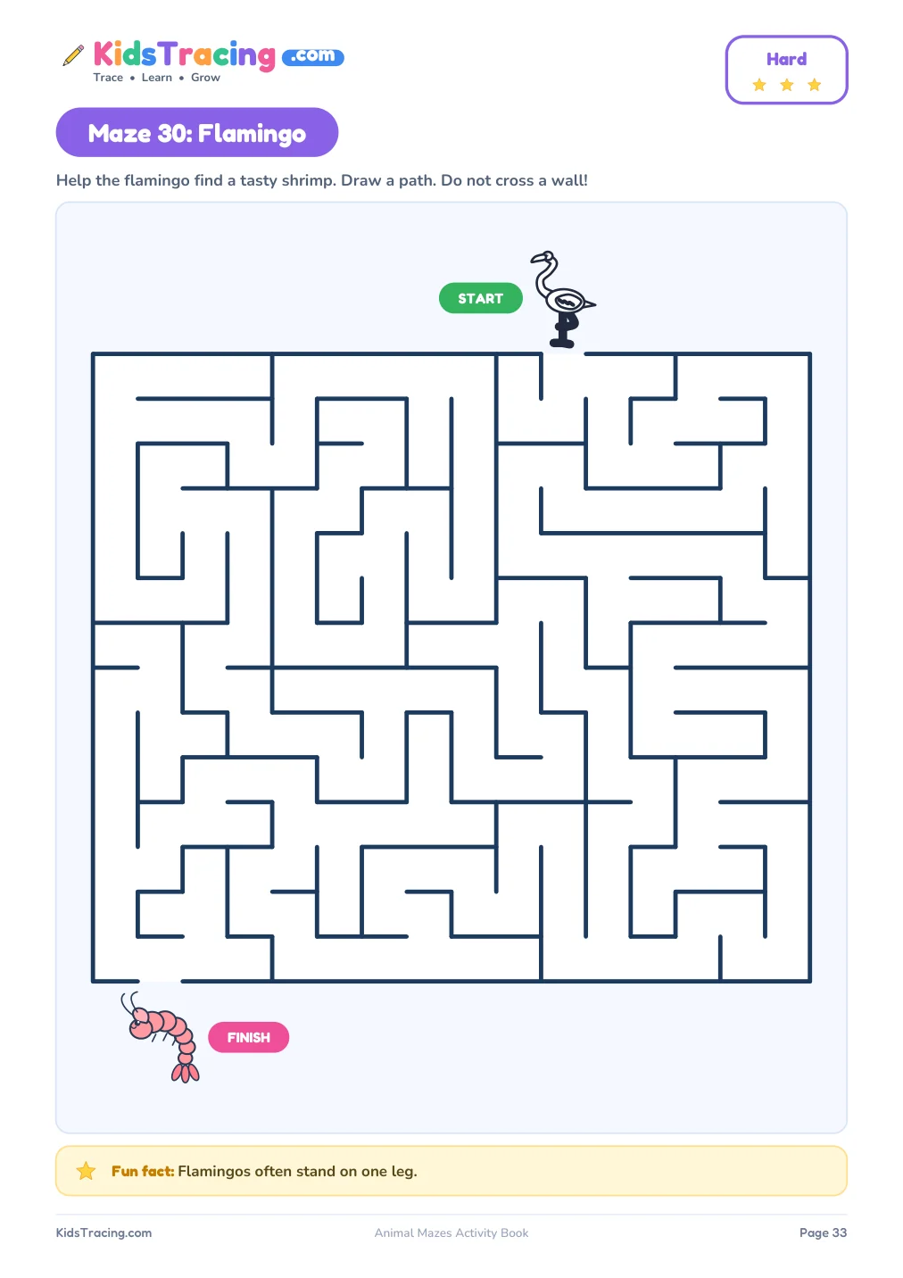 Hard maze 30: a flamingo at the start and a shrimp at the finish of a sixteen by fourteen maze