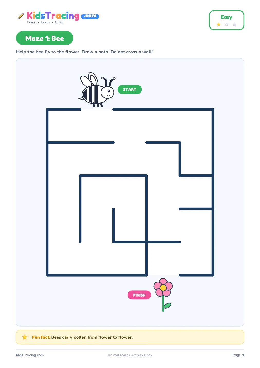 Easy maze 1: a bee at the start and a flower at the finish of a five by five maze