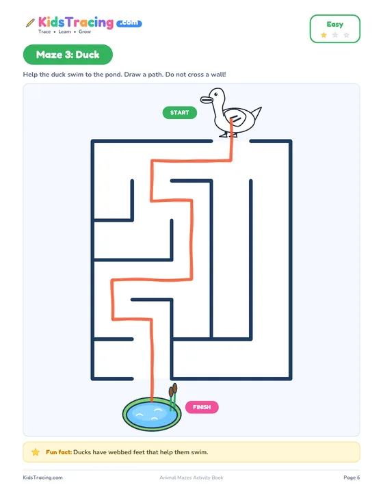 Easy maze 3 with the duck at the start and the pond at the finish, and an orange crayon line drawn from the duck to the pond through the corridors
