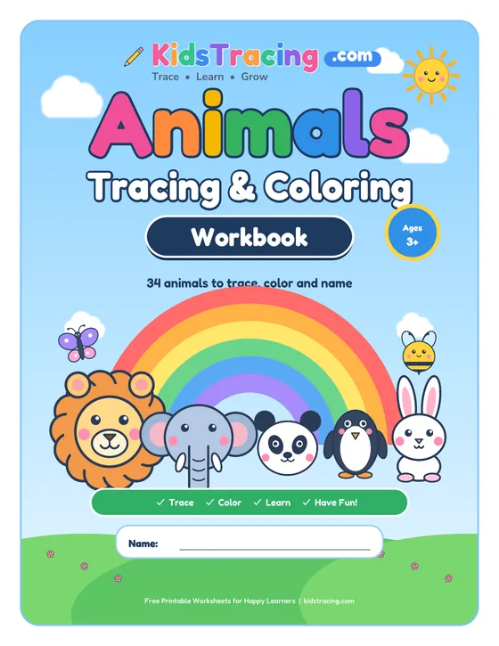 Cover of the Animals Tracing and Coloring Workbook, a free printable animal workbook for ages 3–6