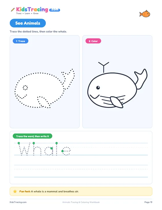 Whale page from the Animals Tracing and Coloring Workbook with a dotted whale to trace and a whale to color
