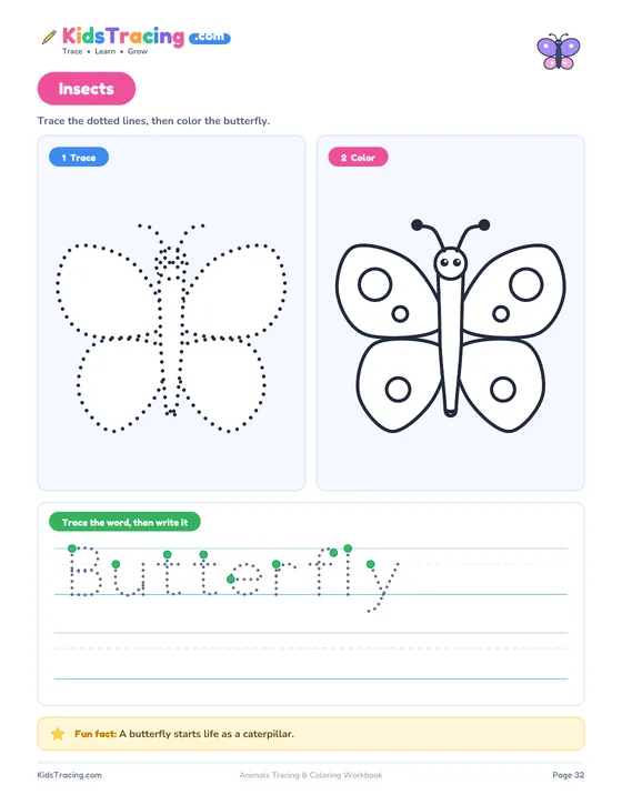Butterfly page from the Animals Tracing and Coloring Workbook with a dotted butterfly to trace and a butterfly to color