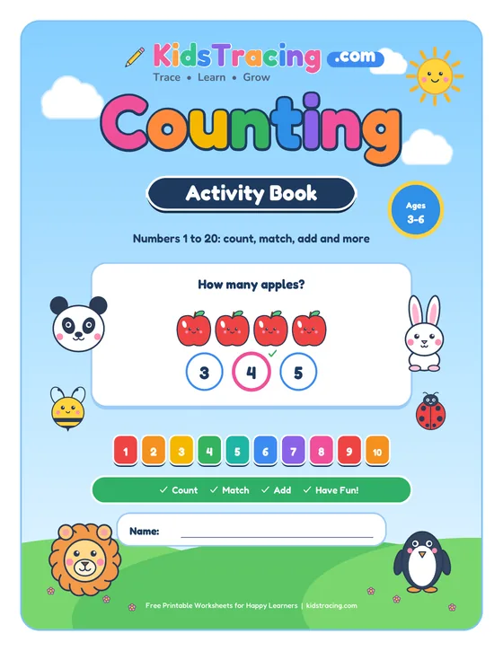 Cover of the Counting Activity Book, a free printable counting book for ages 3–6 with a sample question about four apples and the numbers 1 to 10
