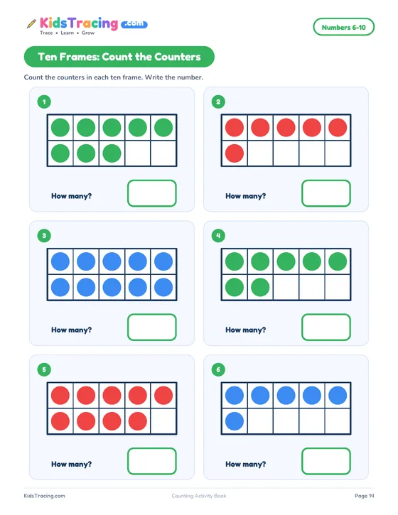 Ten Frames page with six ten frames filled with colored counters to count and write the number