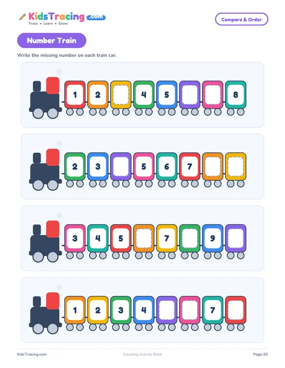 Number Train page with four colorful trains whose cars have numbers and empty boxes for the missing numbers