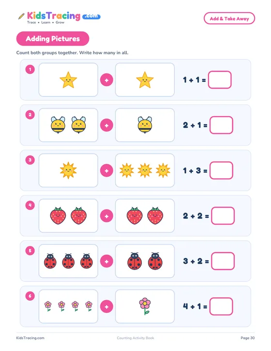 Adding Pictures page with six problems that show two groups of pictures joined by a plus sign and an equation to complete