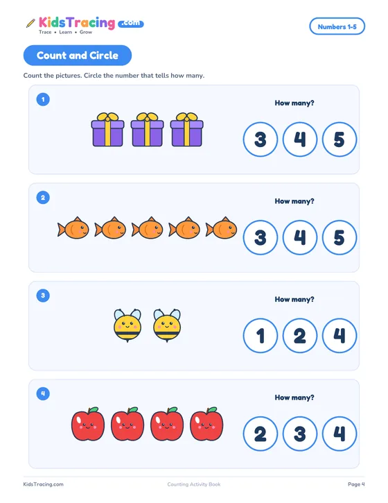 Count and Circle page with four groups of pictures, gifts, fish, bees and apples, each with three numbers to circle