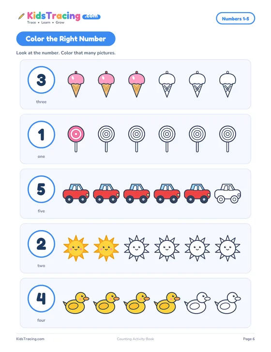 Color the Right Number page after it has been done: the right number of ice creams, lollipops, cars, suns and ducks are colored in and the rest are left as outlines