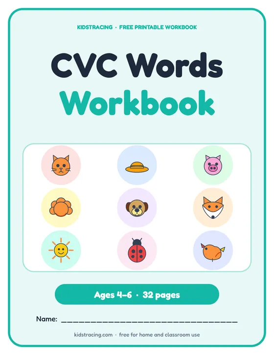 Cover of the CVC Words Workbook, a free printable workbook for ages 4–6