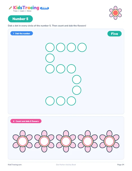 Number 5 page with the numeral made of circles and five flowers with a circle in each one