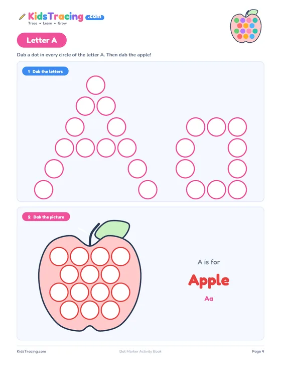 Letter A page with a capital A and a small a made of circles and an apple filled with circles to dab