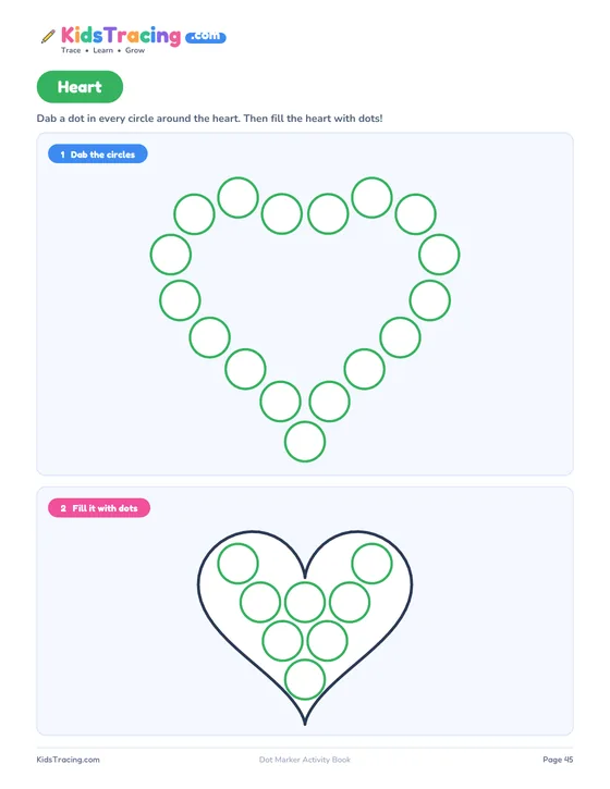 Heart page with a ring of circles around a heart outline and a second heart filled with circles