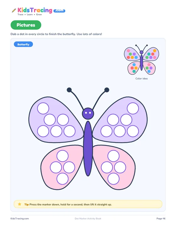 Butterfly picture page with circles to dab on the wings and a small colored example in the corner