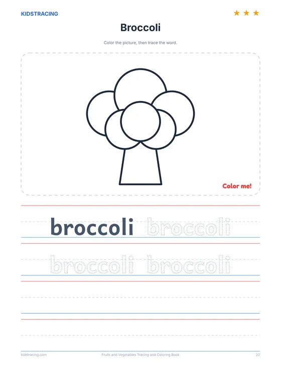 Broccoli page from the Fruits and Vegetables Tracing and Coloring Book with an outline to color