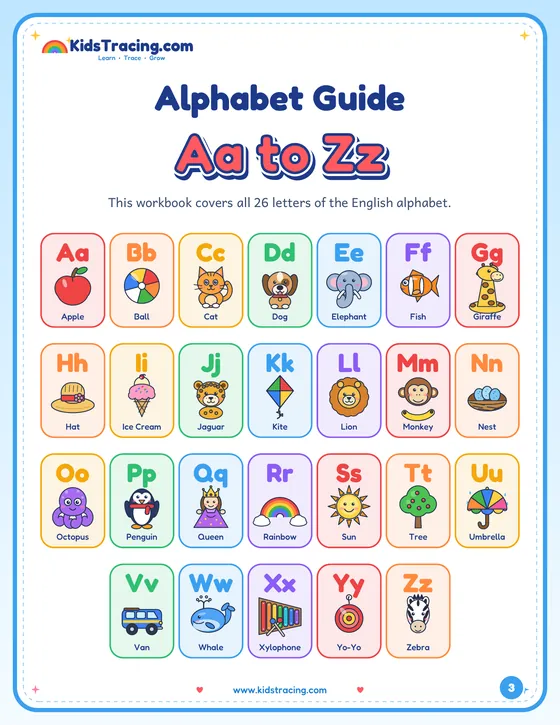 Alphabet guide page from My ABC Tracing Workbook showing all 26 letters with a picture for each