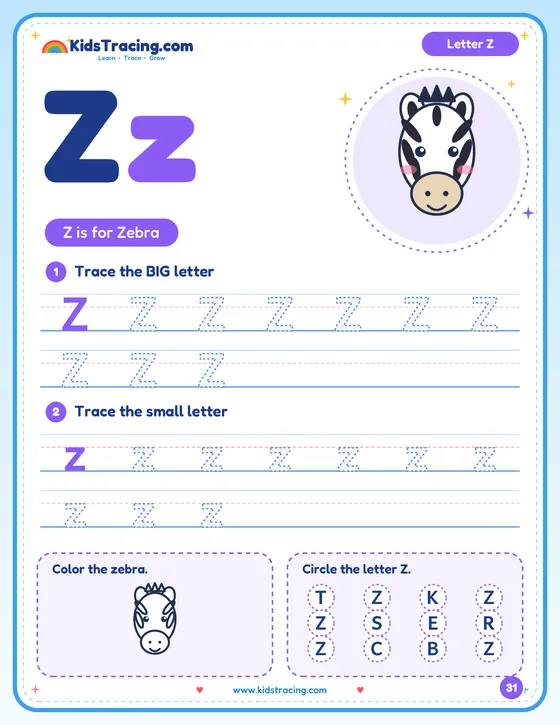 Letter Z page from My ABC Tracing Workbook with a zebra picture and tracing rows
