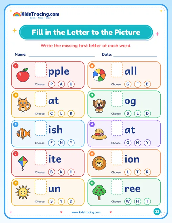 Fill in the Letter to the Picture test page from My ABC Tracing Workbook