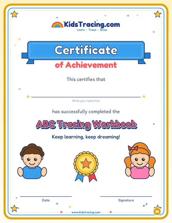 Certificate of achievement page from My ABC Tracing Workbook