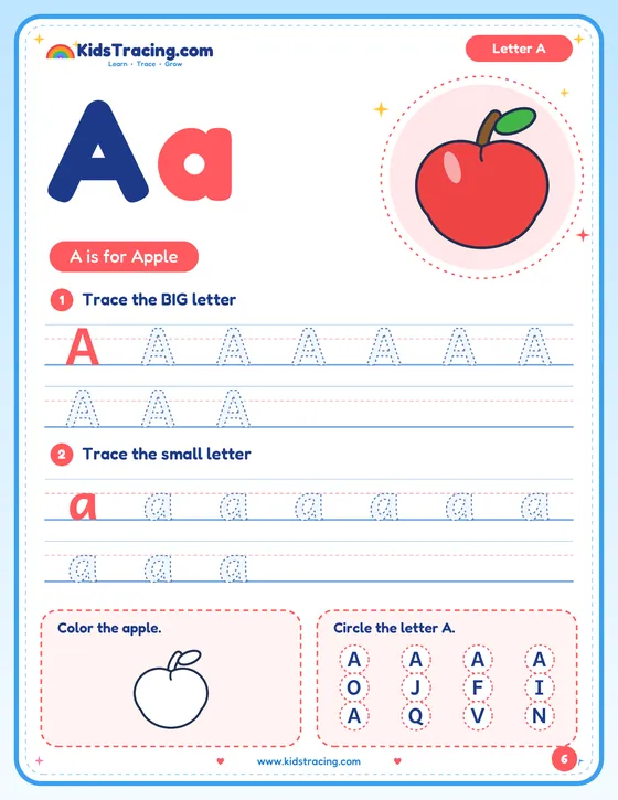 Letter A page from My ABC Tracing Workbook with an apple, tracing rows, a picture to color and the letter A to circle