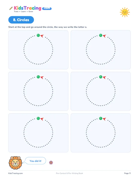 Circles page from the Pre-Writing Lines and Shapes Book with six dotted circles to trace