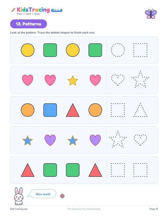 Patterns page from the Pre-Writing Lines and Shapes Book with colored shapes and dotted shapes to finish each row