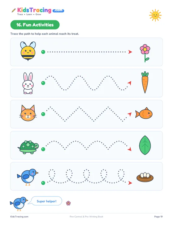 Fun activities page from the Pre-Writing Lines and Shapes Book with animal paths that lead each animal to its food or home