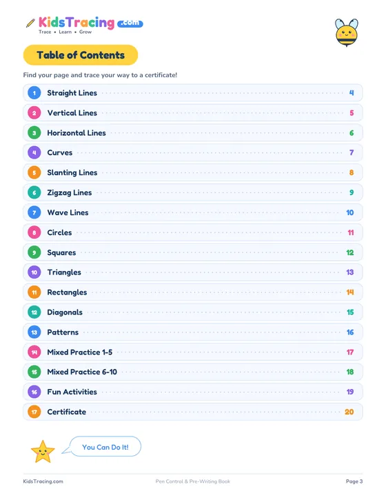 Table of contents page from the Pre-Writing Lines and Shapes Book listing all 16 sections