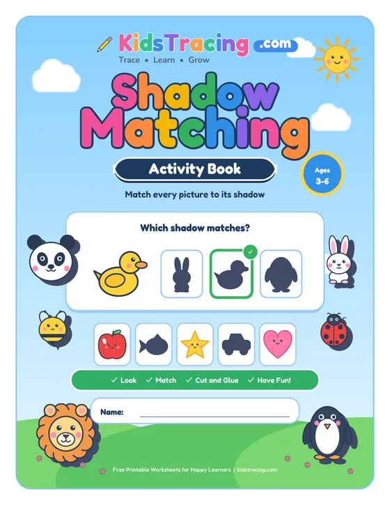 Cover of the Shadow Matching Activity Book, a free printable workbook for ages 3–6 with a sample puzzle that shows a yellow duck and three shadows