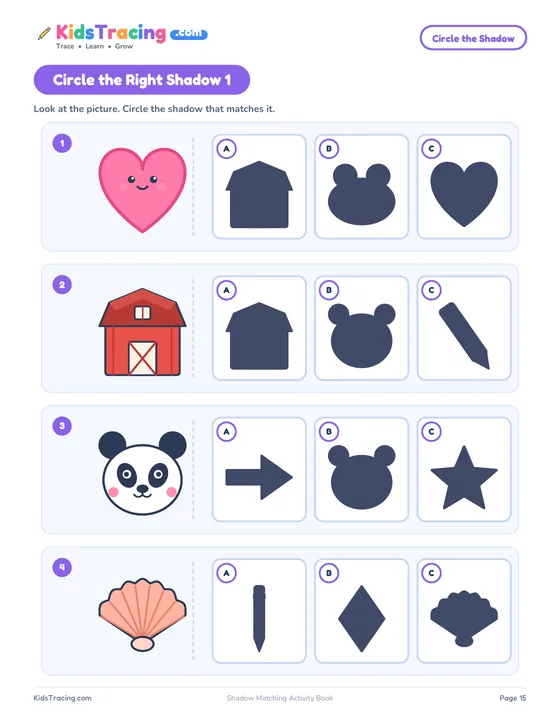 Circle the Right Shadow page with four pictures, a heart, a barn, a panda and a shell, each shown with three shadows to choose from