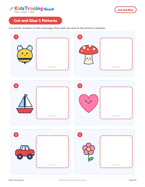 Cut and Glue page with six pictures, a bee, a mushroom, a sailboat, a heart, a car and a flower, each with an empty dashed box where its shadow will be glued