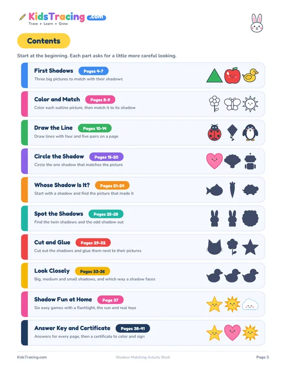 Contents page of the Shadow Matching Activity Book listing the eight parts, the games page, the answer key and the certificate with their page numbers, each with small pictures and shadows