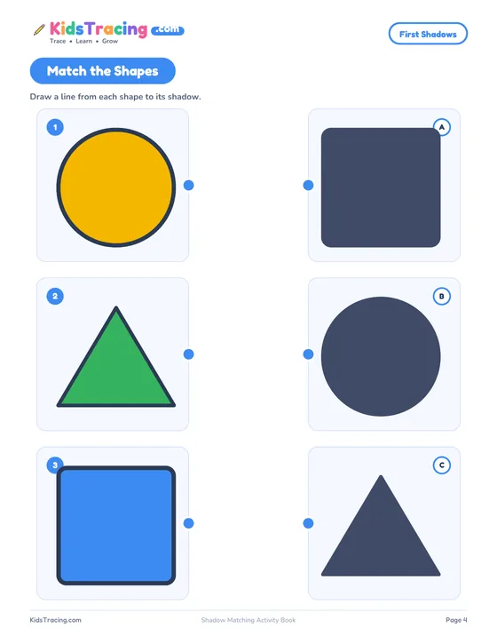 Match the Shapes page with a circle, a triangle and a square on the left, their dark shadows on the right and a dot beside each one to start and end a line