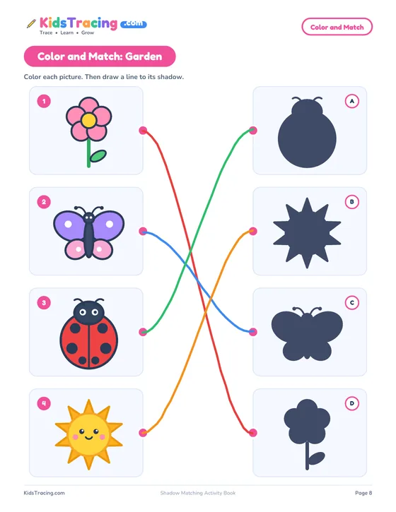 Color and Match page after it has been done: the flower, butterfly, ladybug and sun are colored in and a crayon line joins each one to its shadow